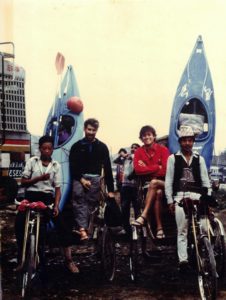 Mike Mowrey (left) and Bailey Sory. 1st time in a kayak...start of a multi-day expedition on the Trisuli River. 1986- Katmandu, Nepal